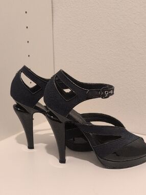 CHANEL Black Patent & Denim Crisscross Peep-Toe Ankle-Strap Heels